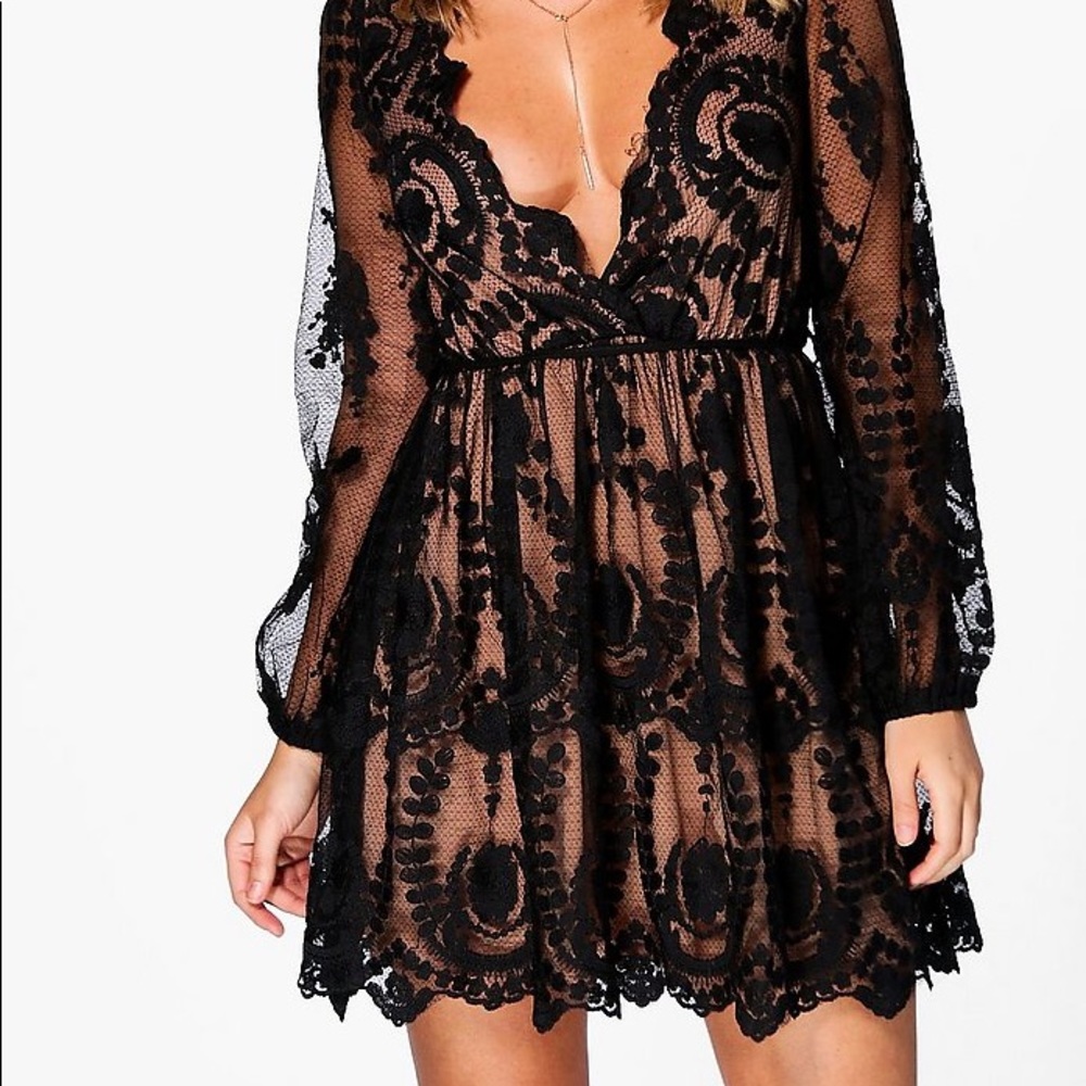 BOOHOO black lace long sleeve skater dress